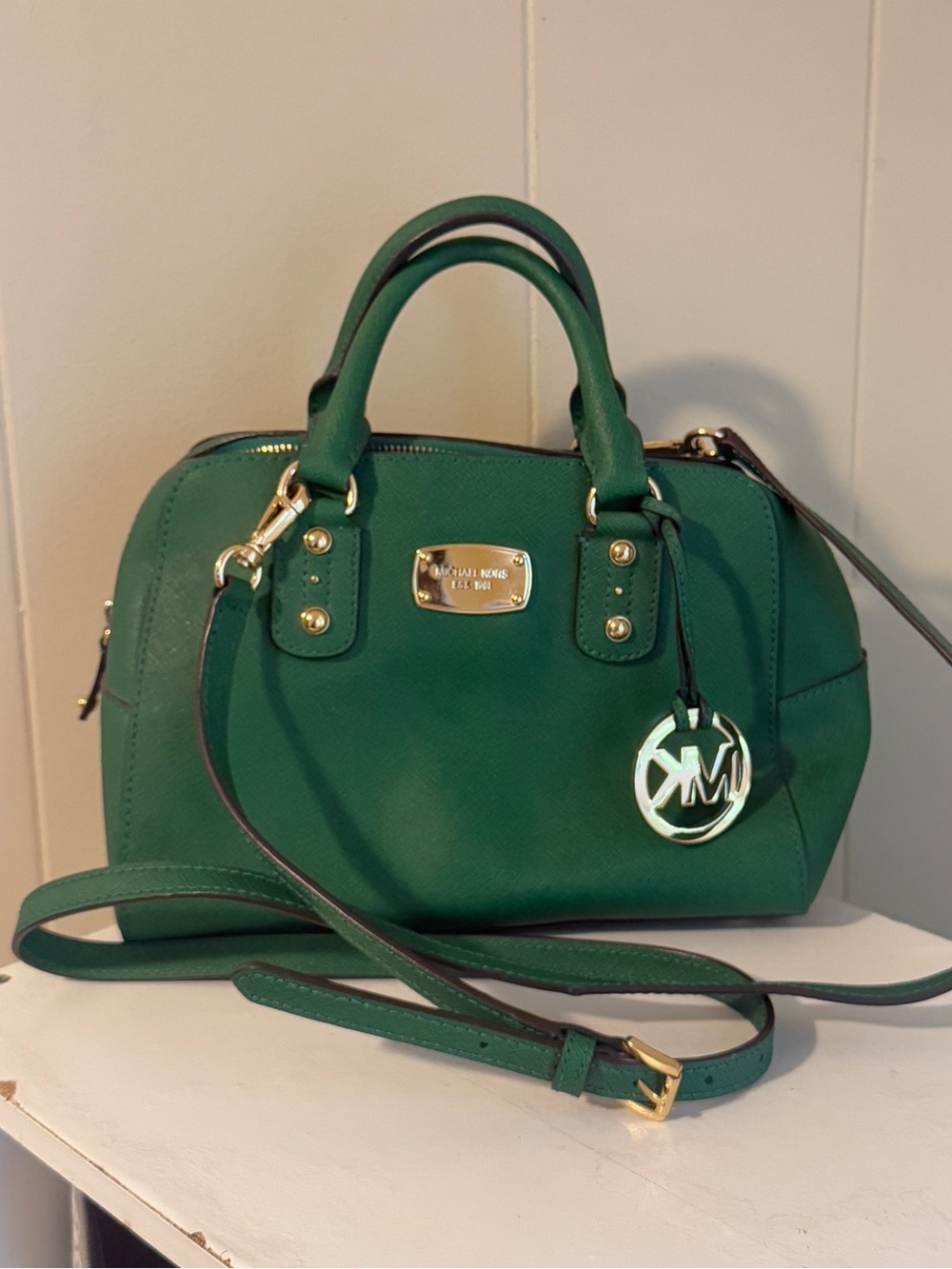 Michael Kors Green Saffiano Leather Dome Satchel Bag
